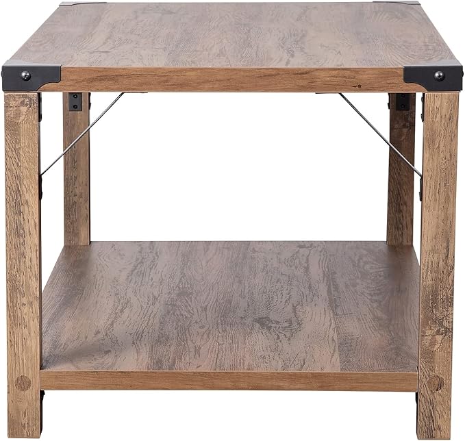 Flash Furniture Wyatt Modern Farmhouse 2 Tier Coffee Table - Rustic Oak Engineered Wood Frame - Black Metal Crisscross Side Braces and Corner Accents