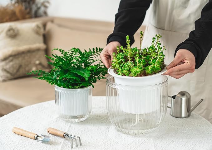 Melphoe 2 Pack Self Watering Hanging Planters Indoor Flower Pots, 5.3/8.3 Inch Outdoor Hanging Basket, Plant Hanger with 3Hooks Drainage Holes for Garden Home (White)