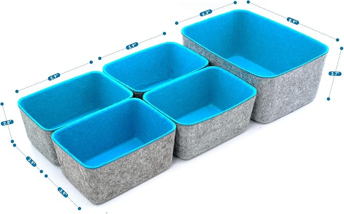 Welaxy office Drawer organizers bins Deep draw organiser Felt storage bin drawers Desk draw dividers boxes for toys makeup jewelery rolled ties organizing 5 pack (Turquoise)