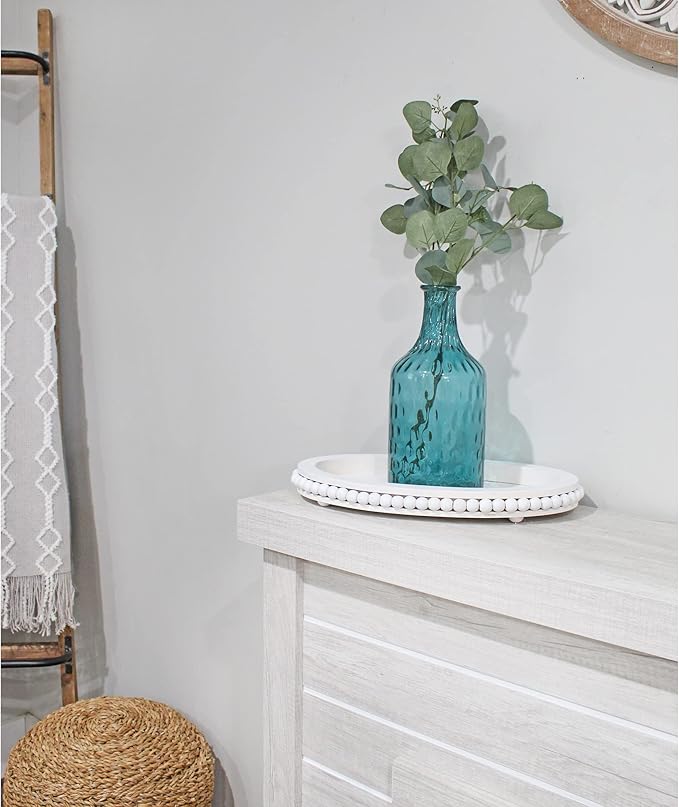 AuldHome Wood Beaded Tray (White), Decorative Farmhouse Style Oval Wooden Tray