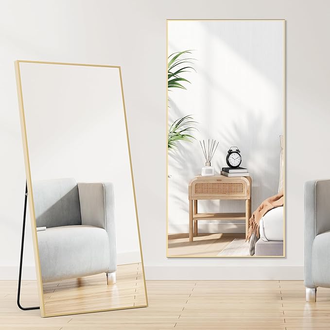 Sweetcrispy 71"x26" Full Length Mirror, Standing or Leaning Full Body Mirror with Aluminum Alloy Thin Frame, Suitable for Bedroom or Cloakroom,Gold