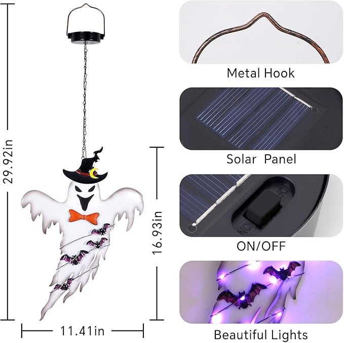 ILLUMINEW Solar Halloween Metal Hanging Decorations Outdoor, Solar Powered Lighted Metal Ghost for Halloween Outdoor Tree, Wall, Porch, Patio Decor (Ghost)