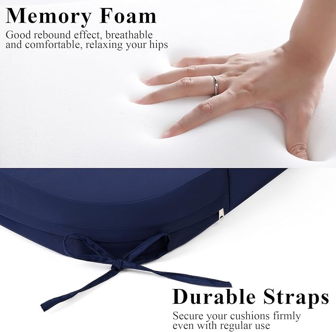 Outdoor Chair Cushions Set of 2, Waterproof Memory Foam Patio Seat Cushions with Ties for Garden Sofa & Dining Furniture, 3-Year Color Fastness, 16x17x2 Inch, Blue