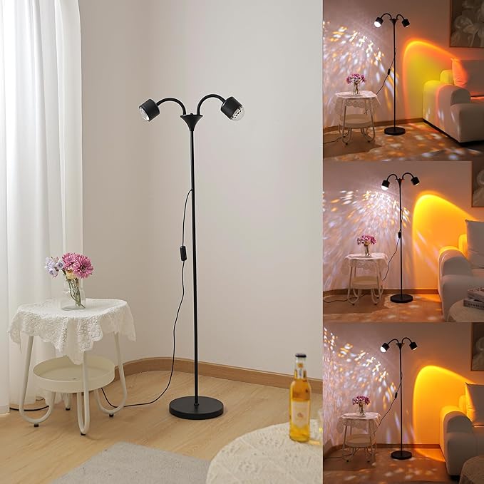 Sunset Floor Lamp Projector with 3D Ocean Wave, Colors Changing, Double headed RGB sunset light Double Side Lighting,Creative DIY Mode, 360° Rotation Atmosphere Lamp for Bedroom mood lighting black