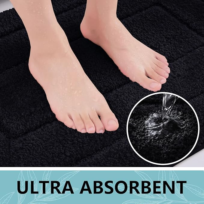 Buganda Bathroom Rugs, 24" x 16", Soft and Absorbent Microfiber Bath Rugs, Non-Slip Shaggy Shower Carpet, Machine Wash Dry Bath Mats for Bathroom Floor, Tub and Shower, Black
