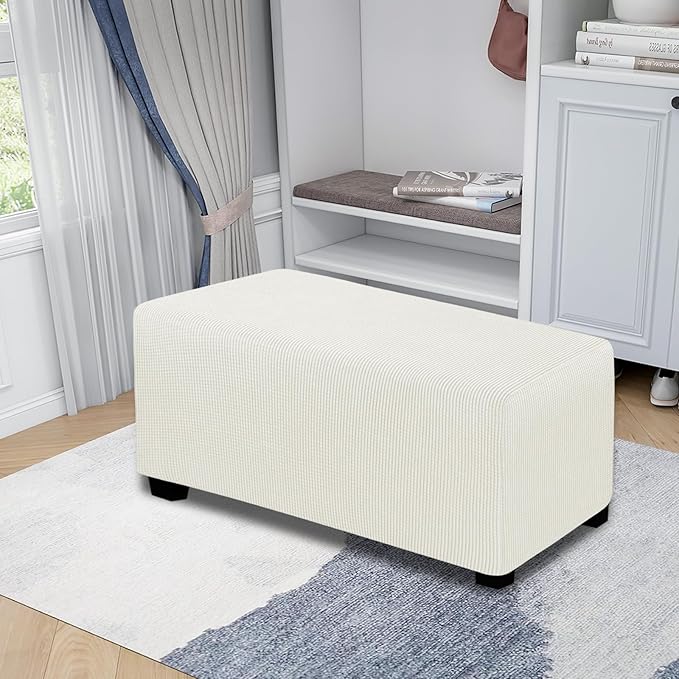 Easy-Going Stretch Ottoman Cover Folding Storage Stool Furniture Protector Soft Rectangle Slipcover with Elastic Bottom (Ottoman Large,Cream)