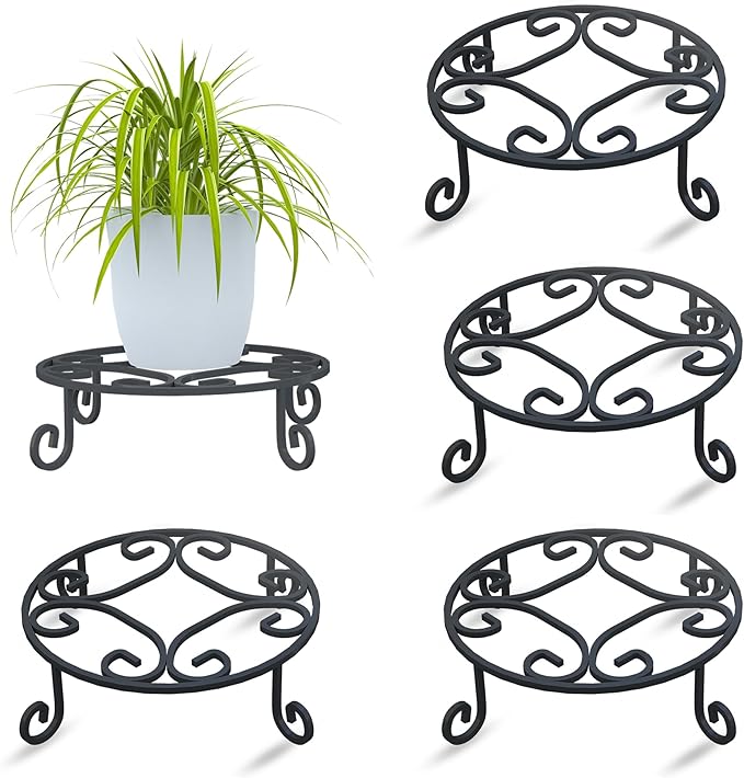 4 Pack 10” Diameter Metal Outdoor Plant Stand Indoor, Black Heavy Duty Potted Holder, Round Anti-Rust Wrought Iron Flower Planter Pot Display Stands for Home Garden