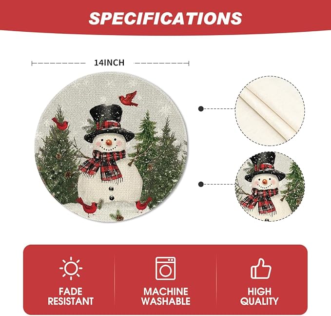Artoid Mode Snowman Trees Snowflakes Christmas Round Placemats Set of 4, 14 Inch Grey Winter Round Table Mats for Dining Decoration