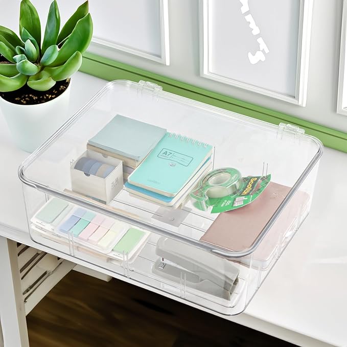 Clear Storage Container Drawer Organzier Dividers,Removable Divided Plastic Storage Bin with Lid, Storage Organizer for Scarves Ties Bras,Clear Dresser Organizers (Large-No Grids)