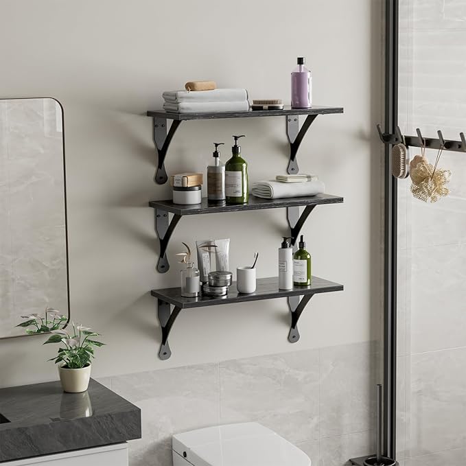 Wood Floating Shelves Set of 3, Wide Display Shelf Wall Mounted with Brackets, Easy Hanging Floating Shelves for Bedroom, Kitchen, Living Room, Bathroom (Black Wood Veins)