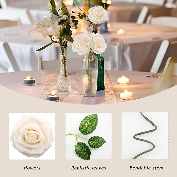 200PCS Artificial Flowers Champagne Roses Real Looking Foam Fake Roses with Leaves and for DIY Wedding Bouquets Bridal Shower Centerpieces Party Decorations (Champagne, 200)