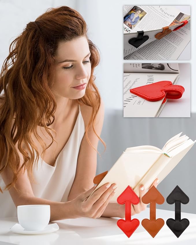 3Pcs Heart-Shaped Magnetic Leather Bookmarks - Romantic Heart Bookmarks, Faux Leather Book Mark with Double-Sided Magnets, Love Gifts for Women, Students, Reading Lovers (Red+Black+Brown)