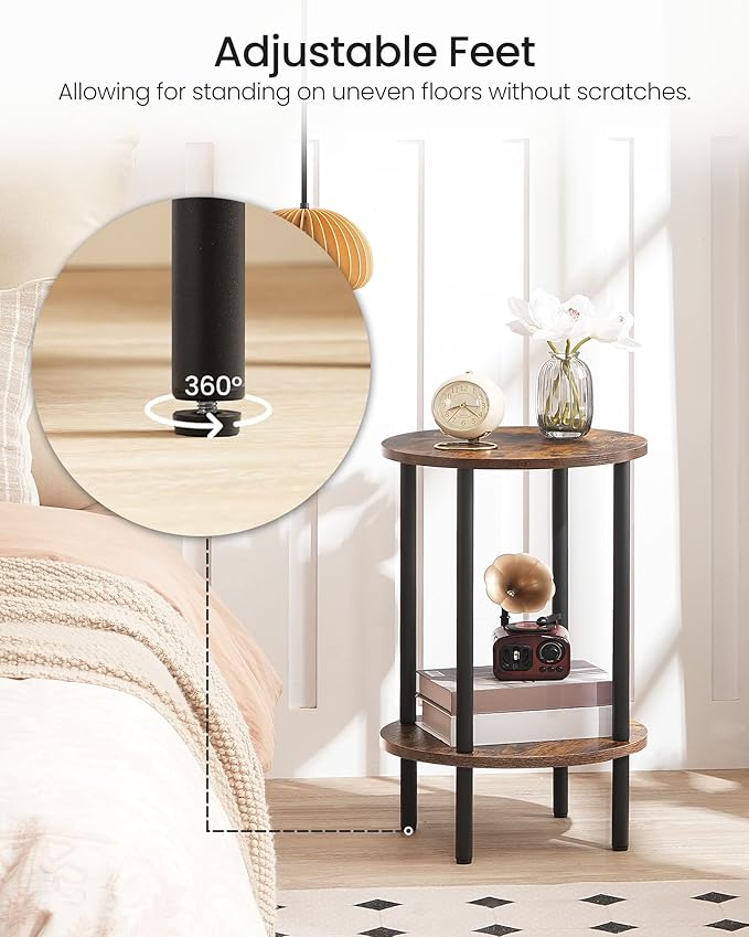 Round Side Table, 2-Tier End Table, Small Round Nightstand with Sturdy Metal Tube, Industrial Circular Coffee Table, for Living Room, Bedroom, Rustic Brown and Black TBZ01BF