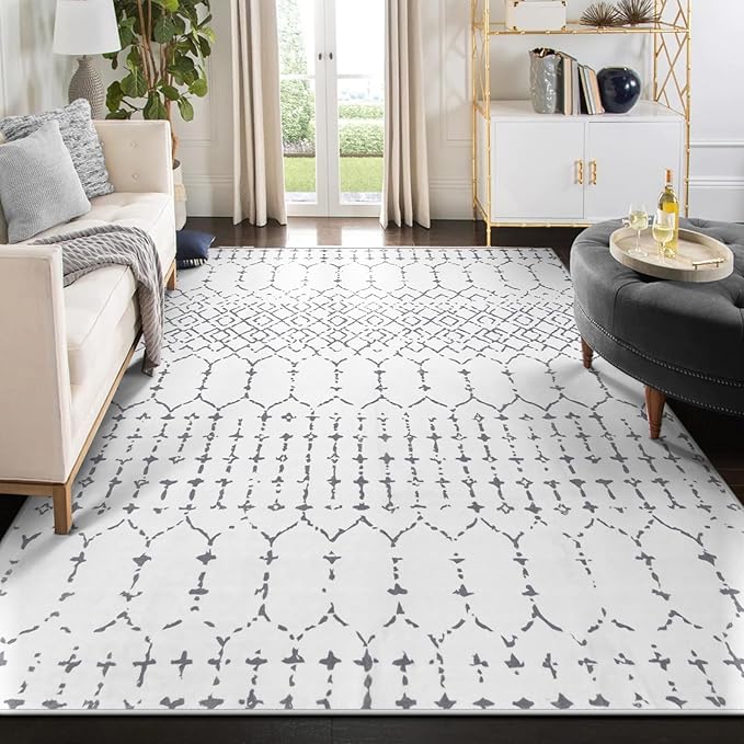 Lahome Moroccan 8x10 Rugs for Living Room - Non-Slip Washable Ultra-Thin Large Rug for Dining, Modern Geometric Print Indoor Soft Carpet for Bedroom Office, White