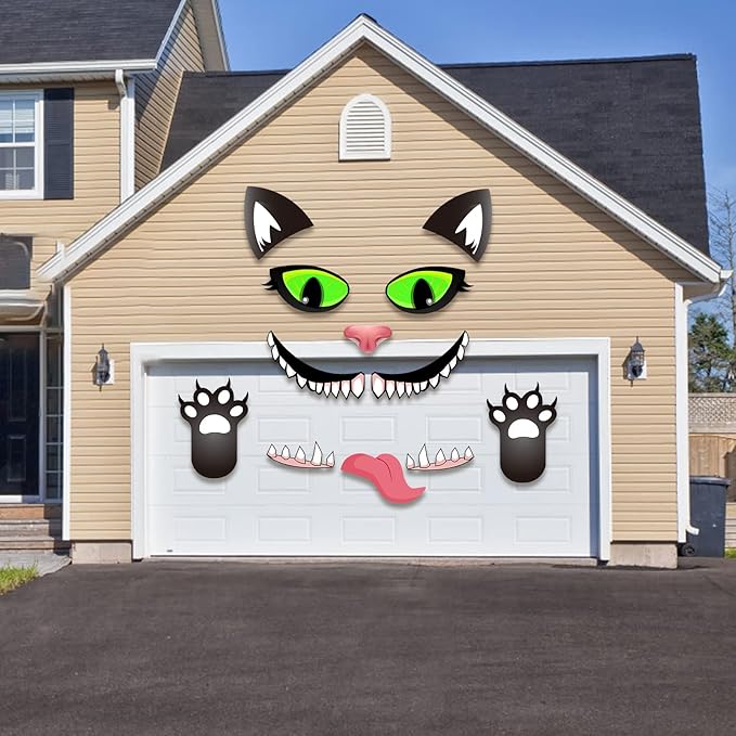 POILKMNI Halloween Black Cat Trunk or Treat Car Decorations Kit, Halloween Garage Door Decorations with Eyes, Fangs, Tongue, Nostrils Double Side Stickers for Car SUV Truck, Halloween Decorations