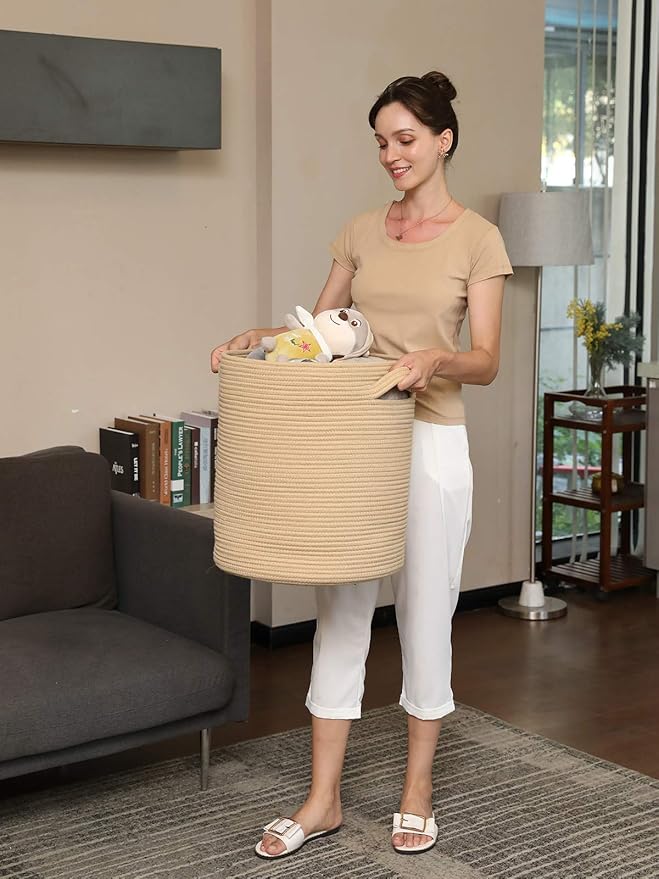 16" x 16" x 18" Extra Large Storage Basket with Lid, Cotton Rope Storage Baskets, Laundry Hamper, Cloth Bin, for Clothes Towels Blankets Pillows Storage in Living Room, Full Beige with Cover