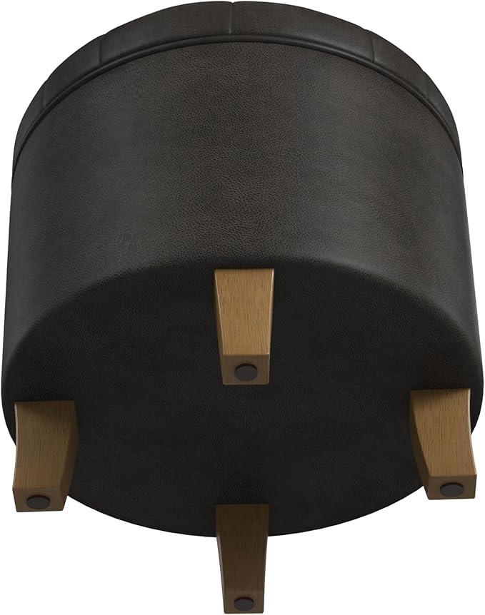 HomePop Home Decor | Upholstered Round Faux Leather Tufted Foot Rest Ottoman | Ottoman with Storage for Living Room & Bedroom | Decorative Home Furniture, Black Faux Leather