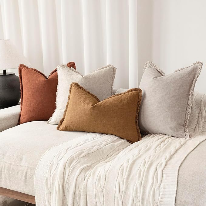 Foindtower Set of 2 Decorative Linen Fringe Throw Pillow Covers Farmhouse Cushion Cover with Tassels Soft Accent Pillowcase for Couch Chair Sofa Bed Living Room Home Decor,18×18 Inch,Fall Rust Orange