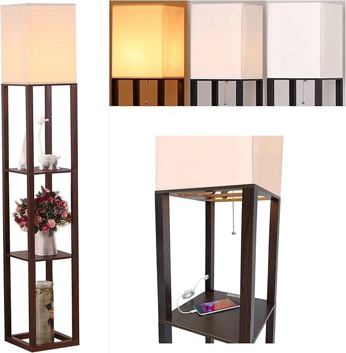 HomeFocus - LED Floor Lamp with Shelves,Floor Lamp with USB Charging,Shelf Floor Light,Corner Display Lamp for Living Room,Bedroom and Office,Wood,Brown.