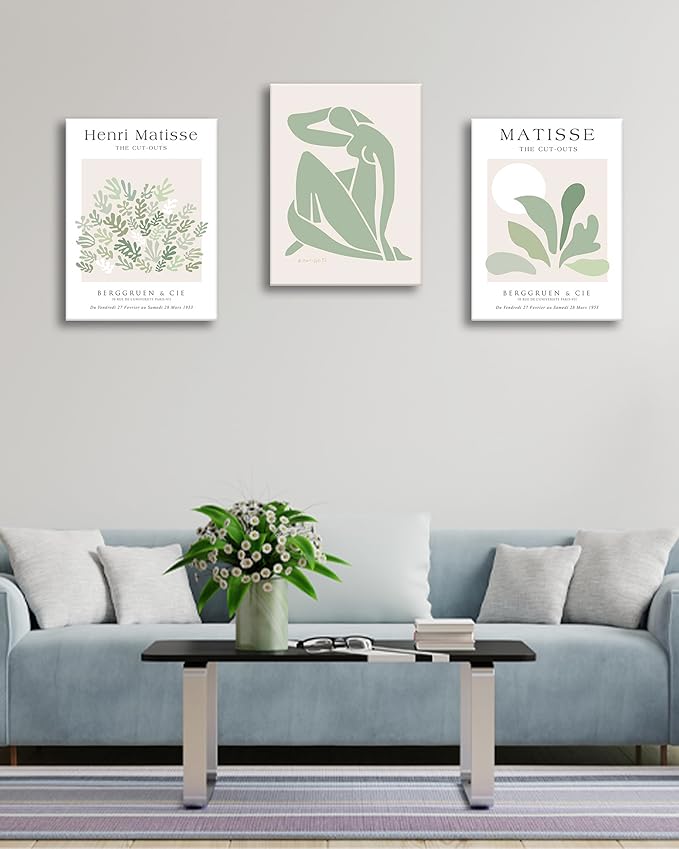 Matisse Sage Green Framed Wall Art,Abstract Green Canvas Wall Decor.12x16in Plants Botanical Poster Prints,Minimalist Classic Home Decoration for Living Room Bedroom Bathroom Office,Set of 3