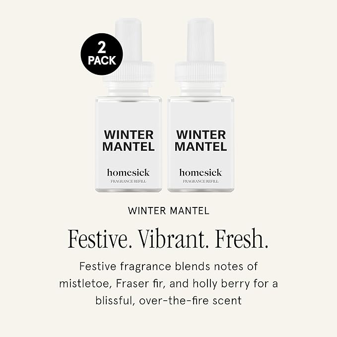 Pura & Homesick Home Scent Refill - Smart Clean Air Diffuser Fragrance - Up to 120-Hours of Luxury Fragrance per Refill - Household Essential - 2 Pack, Winter Mantel