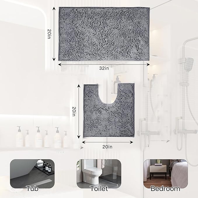 ZiYiJuan Bathroom Rugs, Super Absorbent Luxury Shaggy Chenille Bath Dark Gray 20x20_20x32