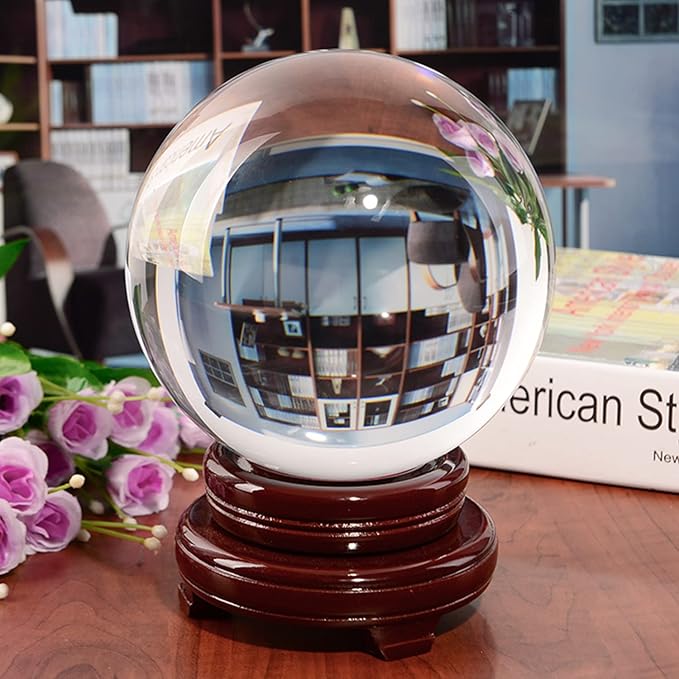 K9 Crystal Ball 150mm(6 inch) Clear Crystal Ball with Wooden Stand for Lense Ball Meditation Divination Healing Photography Decor Magic Healing Sphere Ball