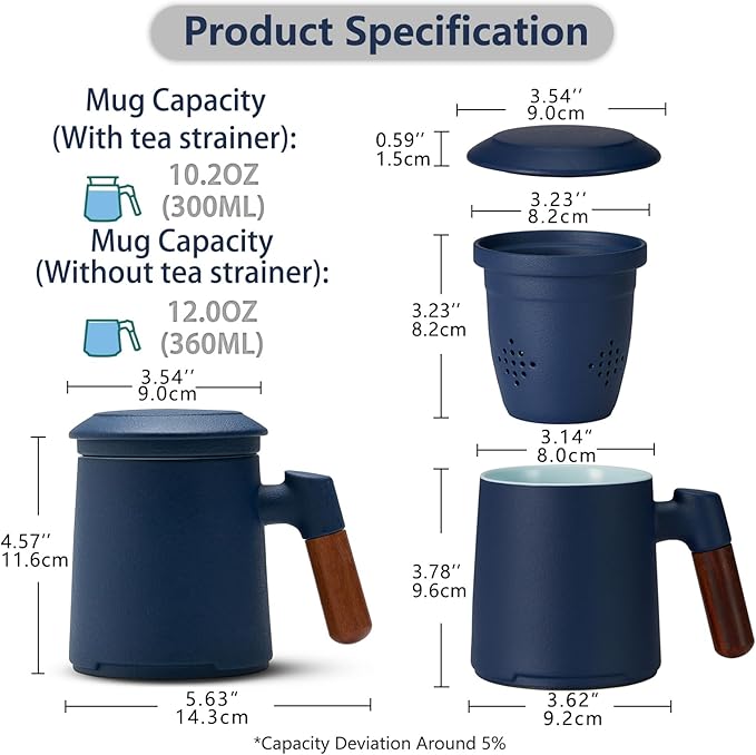 ZENS Tea Cup with Infuser and Lid for Loose Leaf Tea Steeper, 12oz Blue Tea Mug with Fine Tea Strainers for Hot Tea Diffusers, Wood Handle Ceramic Tea Mugs Accessories for Tea Lovers Gifts