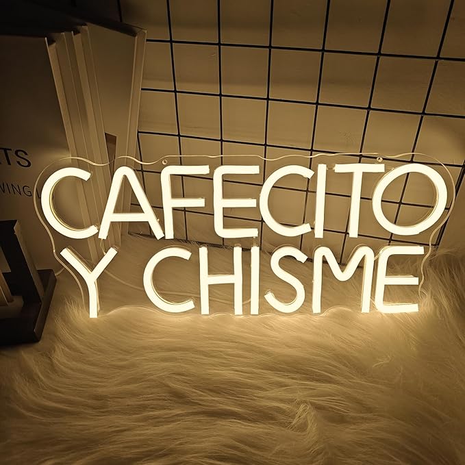 Funny Cafecito Y Chisme Neon Sign for Wall Decor Dimmable Cafecito Y Chisme Sign Mexican Gifts for Women Led Neon Light Sign for Bedroom Coffee Lover Gifts Home Kitchen Decoration