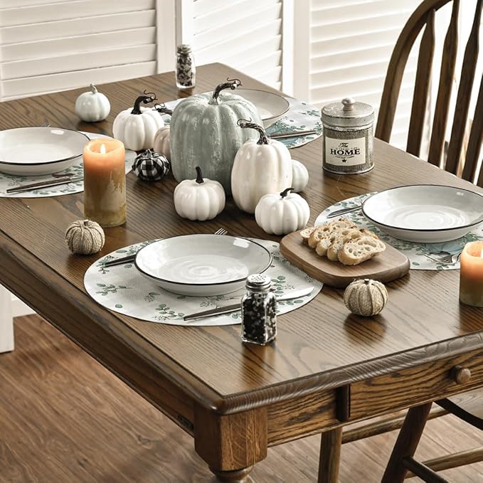 Artoid Mode Pumpkins Eucalyptus Leaves Round Fall Placemats Set of 6, 14 Inch Seasonal Autumn Table Mats for Table Runner Dining Decoration