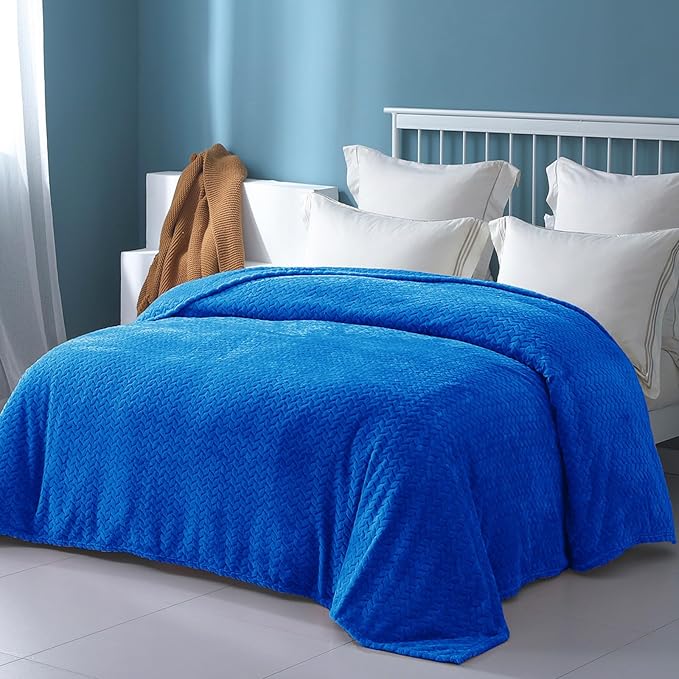 Exclusivo Mezcla Cobalt Blue Fleece Queen Size Blanket for Bed, 90x90 Inches Soft Cozy Jacquard Flannel Blankets, Lightweight Fuzzy Plush Warm for All Seasons