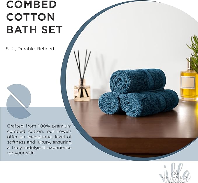 100% Cotton Bath Towel Set of 10-2 Bath Towels, 4 Hand Towels, 4 Wash Cloths, Sustainable, Soft, Highly Absorbent, Combed Cotton 10 Piece Set for Hotels, Spa, Bathroom, Dorm, Blue
