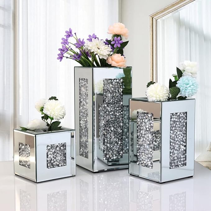 Crushed Diamond Mirrored Vase 6x6x6 inch Crystal Silver Glass Stunning Decorative Vase Flower Luxury for Home Decor. Can’t Hold Water.