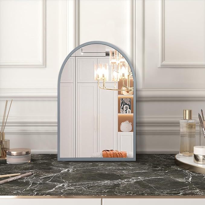 Wall Mirror Arched Bathroom Mirrors Aluminum Alloy Frame Contemporary Hanging Vanity Mirror for Living Room Bedroom Entryway Vanity, Brushed Metal Framed Wall Mounted Mirror Gray 16"x12"