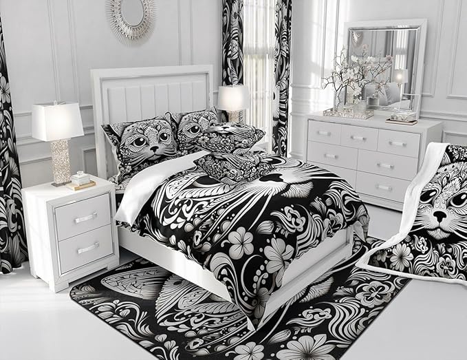 Feelyou Cute Cat Shower Curtain Damask Cat Fabric Shower Curtain for Kids Boys Girls Black White Cat Bathroom Waterproof Accessories with 12 Hooks Cartoon Cat Curtains,72x72 Inches