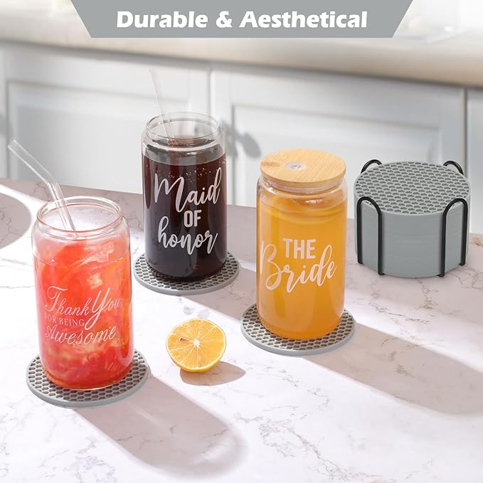 Coasters Set of 6,Coasters for Drinks,Coffee Table Decor Coaster with Holder,Suitable for Kinds Cup,Anti-SLI,Heat-Resisting,Silicone Cup Coaster and Living Room Decor(6 Pcs, Gray)
