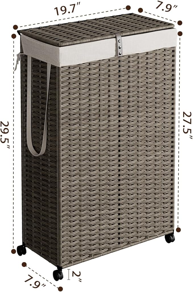Rolling Laundry Hamper with Wheels and Lid, 90L Slim Laundry Basket with Removable Bag, Foldable Handwoven Rattan Laundry Sorter, Narrow Dirty Clothes Basket Organizer, No Assembly, Grey