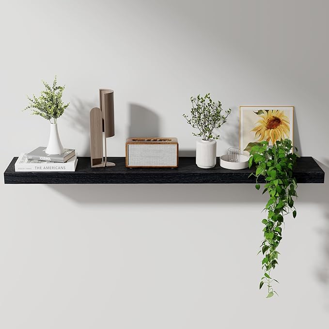 Axeman Floating Shelves, 8 Inch Deep Modern Solid Wood Wall Shelves for Storage, Wall Mounted Display Shelving with Invisible Heavy-Duty Metal Bracket, 48" W x 8" D x 1.6" H, Distressed Black
