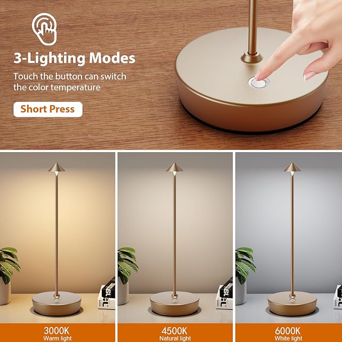 2Pack Rechargeable Cordless Table Lamp, Portable Powered LED Battery 6000mAh Metal USB Desk Lamp, 3 Levels Brightness Light for Restaurants Outdoor (2pack Titanium)