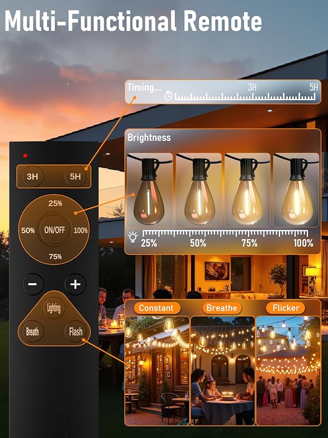 luckystyle 50FT LED Outdoor String Lights with Remote,16+ 1 Shatterproof Bulbs Waterproof and Dimmable Patio Lights for Porch, Garden, Backyard, Deck, Balcony, 2700K, Hanging Lighting