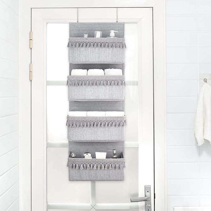 Dahey Over The Door Organizer Boho Nursery Storage Decor Closet Hanging Organizer with Tassels Decoration for Bedroom Nursery Bathroom Apartments Dorm Pantry, 4 Pockets, Grey