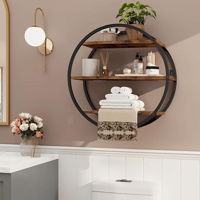 Floating Shelves, 3 Tier Decorative Geometric Circle Metal and Wood Wall Shelves, Bathroom Shelf Round Wall Decor, Rustic Brown