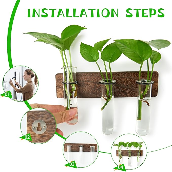 XXXFLOWER Wall Mounted Plant Terrarium with Wooden Stand 3 PCS Hanging Planter Propagation Station with 3 Glass Tubes for Plant Cuttings Flower Vases for Home Office Indoor Decor