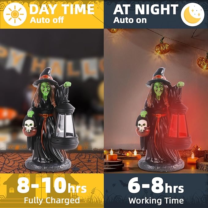 Witch Halloween Decorations with Solar Lantern - Unique Resin Witch Figurine, Ideal Gift for Halloween Lovers, Outdoor Yard Garden Decoration