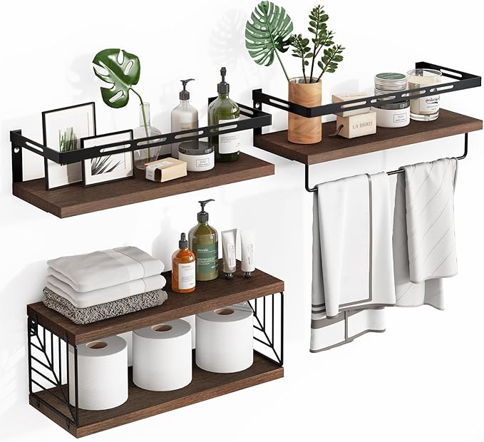 Fixwal 3+1 Tier Wall Mounted Bathroom Shelves Over Toilet, Rustic Wood Floating Shelves with Metal Frame and Towel Bar for Bathroom, Kitchen, Bedroom, Living Room (Dark Brown)