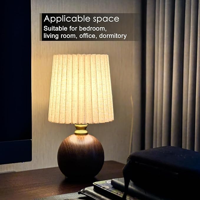 Small Pleated Table Lamp Set of 2 for Bedroom, Mini Bedside Lamps for Nightstand with Round Fabric Linen Shade, Dimmable Desk Lamp, Cute Table Lamps for Small Spaces for Living Room, Kids Room