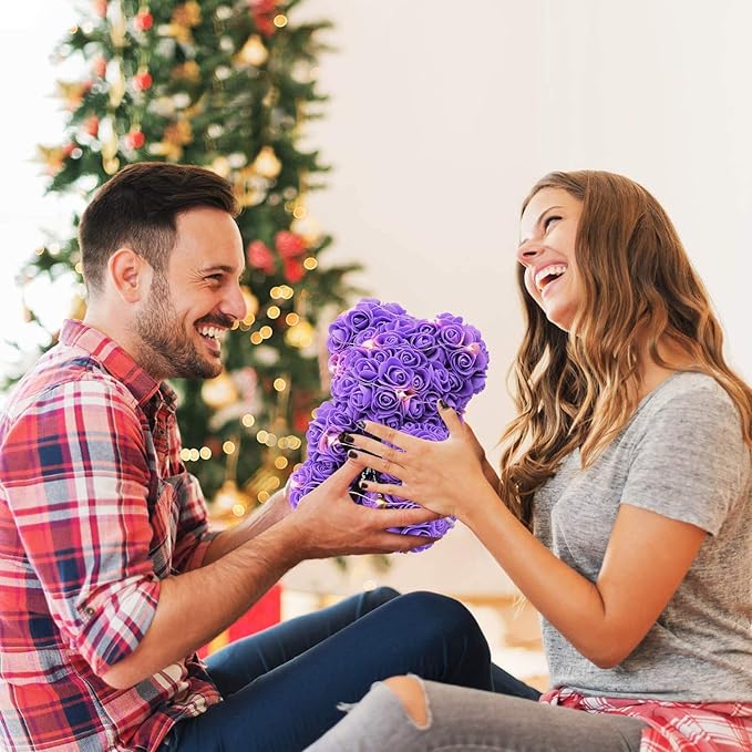 RECUTMS Rose Teddy Bear, 10 inch Flower Bears with Lights, Lighted Up Foam Artificial Floral for Valentines Day, Mothers Day Wedding Anniversary Birthday Halloween Home Bedroom Decoration(A-Purple