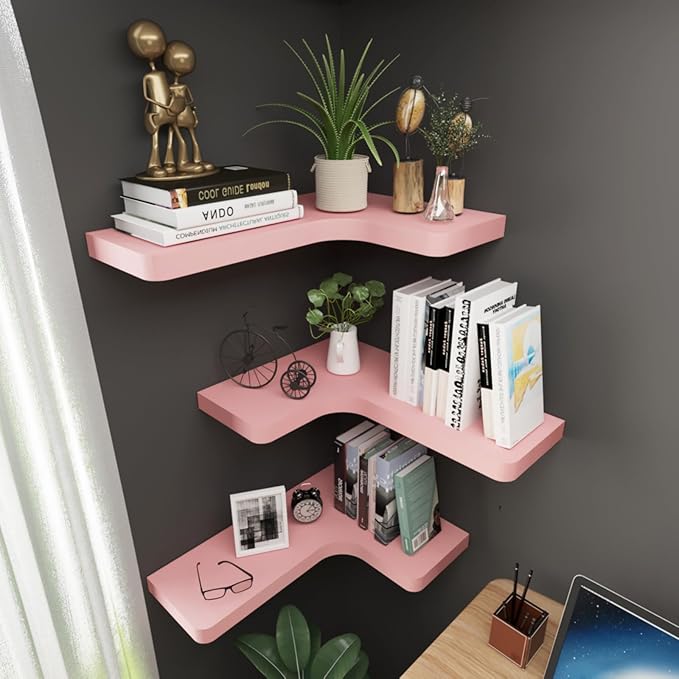 SAUMONIERES Corner Floating Shelves 24 Inch Wall Mount Shelf Solid Wood for Bedroom Bathroom Kitchen Storage Set of 2, Pink