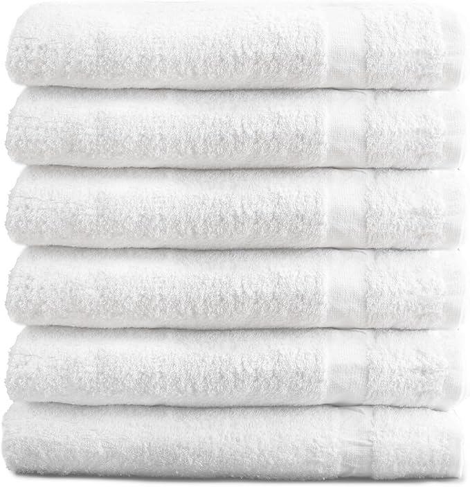 Pearl Linens Bath Towel Set of 6, Cotton, 24 x 50 Inches, White Bath Towels Bulk, Lightweight and Highly Absorbent Quick Drying Towel Set for Hotel, Spa and Bathroom, White Hotel Towel