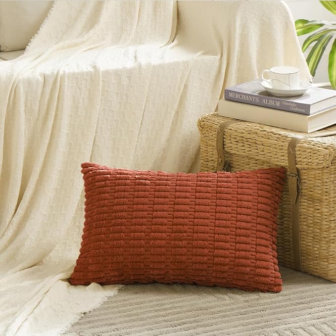 Fancy Homi 4 Packs Boho Burnt Orange Fall Decorative Throw Pillow Covers 12x24 Inch for Couch Bed Sofa, Rustic Modern Farmhouse Home Decor, Soft Plush Corduroy Cute Square Cushion Case 30x60 cm